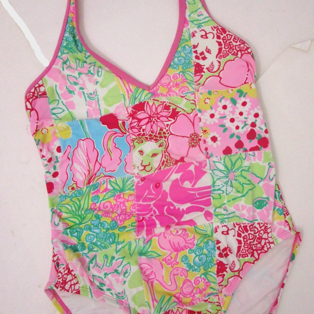 Patchwork Animal Floral Swimsuit One Piece Pink Giraffe Flamingo Lion